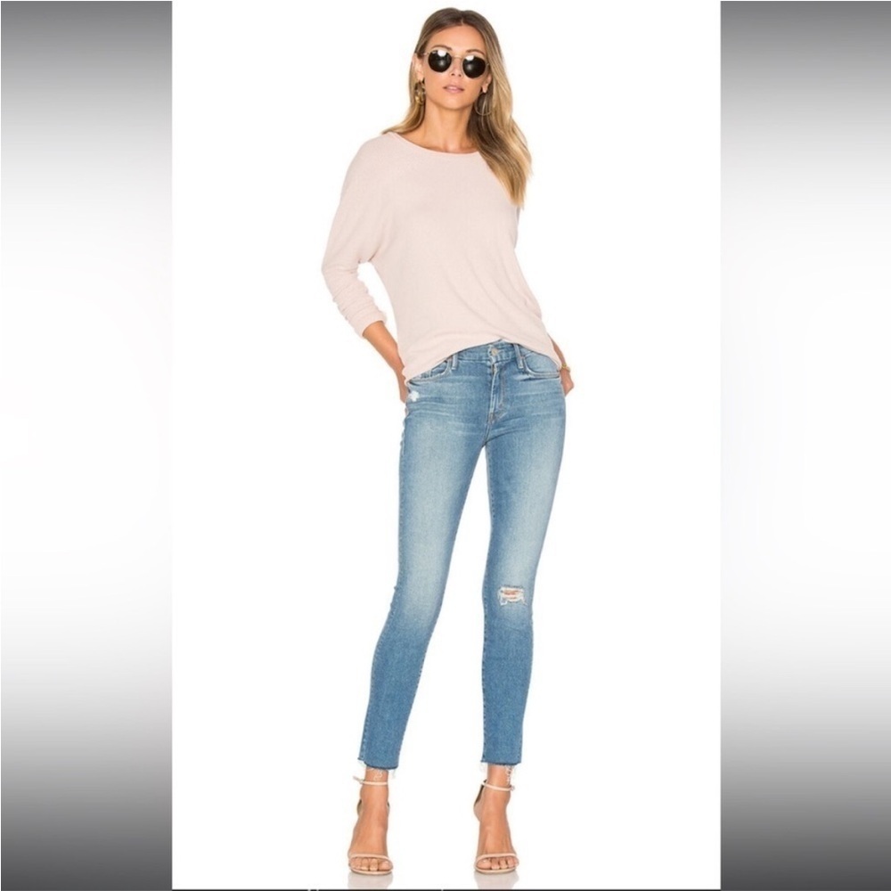 MOTHER The Looker Ankle Fray Skinny Jeans in Love Gun Distressed Light Wash 25